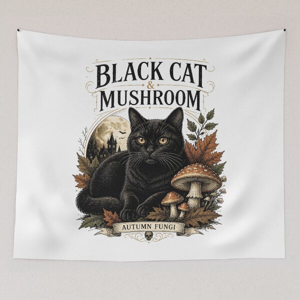 Item preview, BLACK CAT & MUSHROOM Autumn Fungi Halloween Gothic Engraving designed and sold by LiviuGligoros.