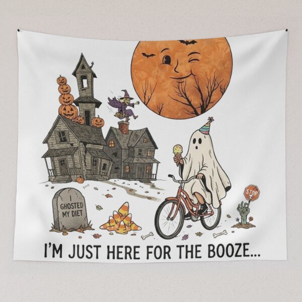 Item preview, "I'm Just Here For The Booze..." Funny Awkward Ghost Halloween T-Shirt Design designed and sold by CreativeNest Prints.