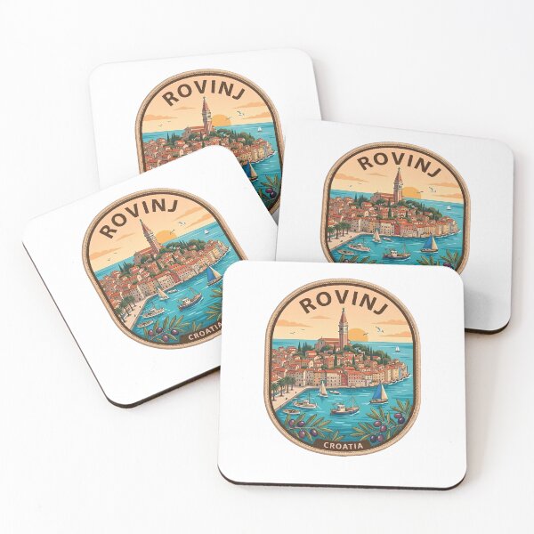Item preview, Retro Rovinj Croatia Istria Coastal Harbor Sunset Vintage Badge designed and sold by LittleArij.