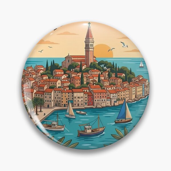 Item preview, Retro Rovinj Croatia Istria Coastal Harbor Sunset Vintage Badge designed and sold by LittleArij.