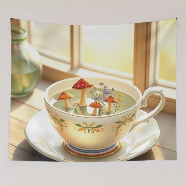 Item preview, Whimsical Cottagecore Mushroom Tea Cup Illustration designed and sold by IntelliMindDesigns.