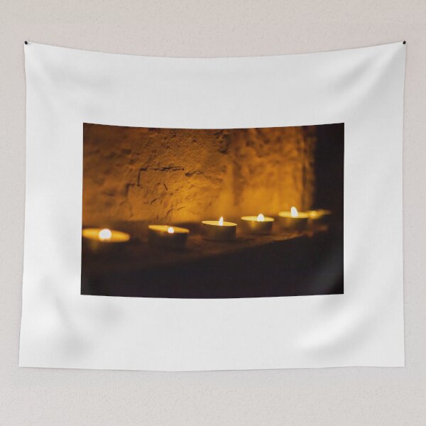 Item preview, Row Of Tea Light Candles On A Rustic Wall Emit Warm Amber Glow At Night designed and sold by Nmallia.