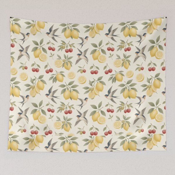 Item preview, Lemon Cherry Swallow Bird Seamless Pattern designed and sold by HappyOops.
