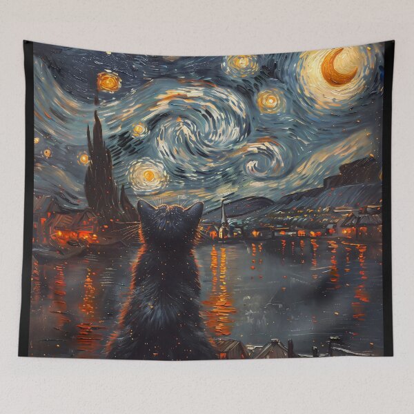 Item preview, Starry Night Black Cat Impressionist Whimsical Night Sky Wall Decor designed and sold by FaizArtShop.