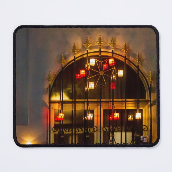 Item preview, Nighttime Entry Featuring Wrought-Iron Gate And Lanterns Illuminating Courtyard Door With Warm Glow designed and sold by Nmallia.