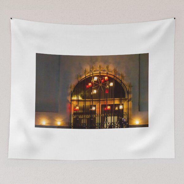 Item preview, Nighttime Entry Featuring Wrought-Iron Gate And Lanterns Illuminating Courtyard Door With Warm Glow designed and sold by Nmallia.