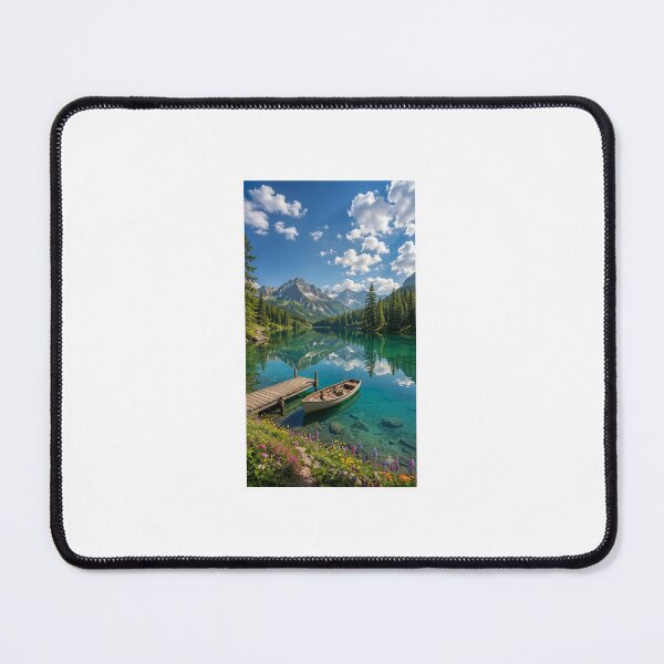 Item preview, Wooden Boat tied to Pier on Crystal Clear Alpine Lake designed and sold by Ak-art-shop.