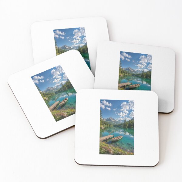 Item preview, Wooden Boat tied to Pier on Crystal Clear Alpine Lake designed and sold by Ak-art-shop.