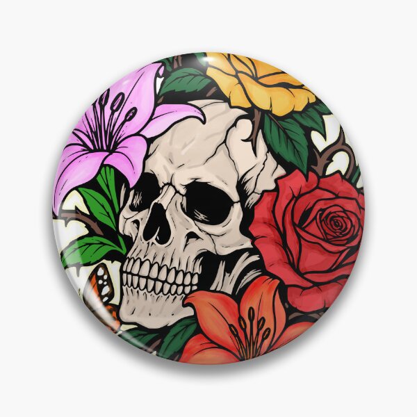 Item preview, Gothic Skull Flower Tattoo with Roses & Lilies designed and sold by Pommes im Bett.