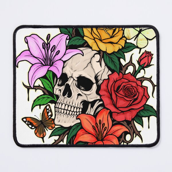 Item preview, Gothic Skull Flower Tattoo with Roses & Lilies designed and sold by Pommes im Bett.