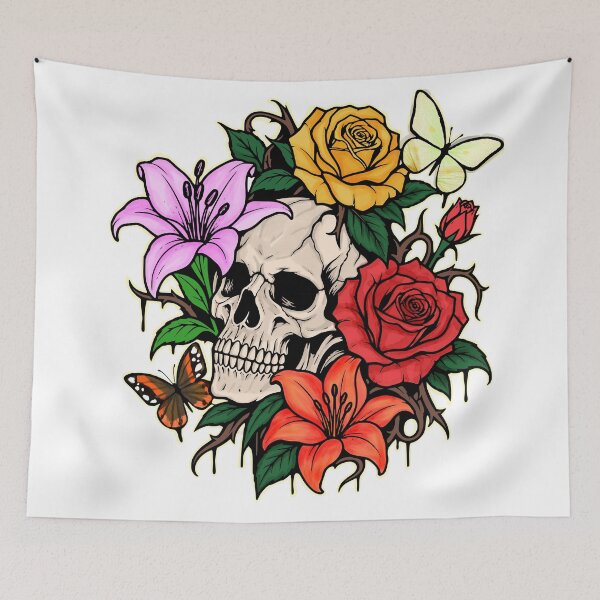Item preview, Gothic Skull Flower Tattoo with Roses & Lilies designed and sold by Pommes im Bett.