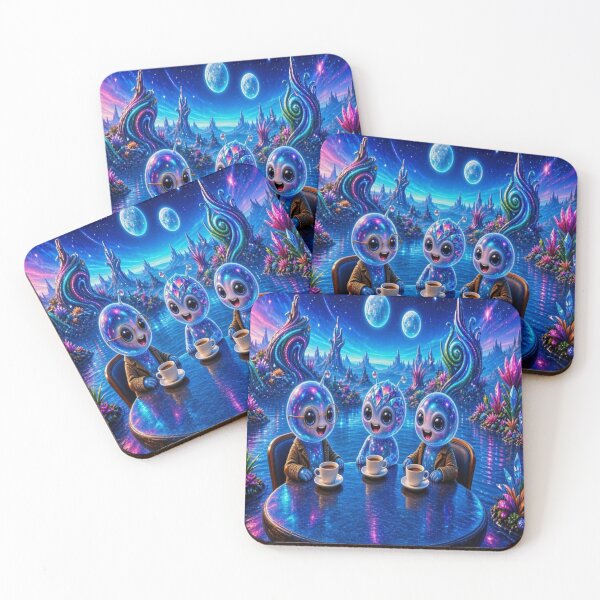 Item preview, Cosmic Coffee Break - Cute Aliens Having Tea Artwork designed and sold by Breezes-of-Ida.
