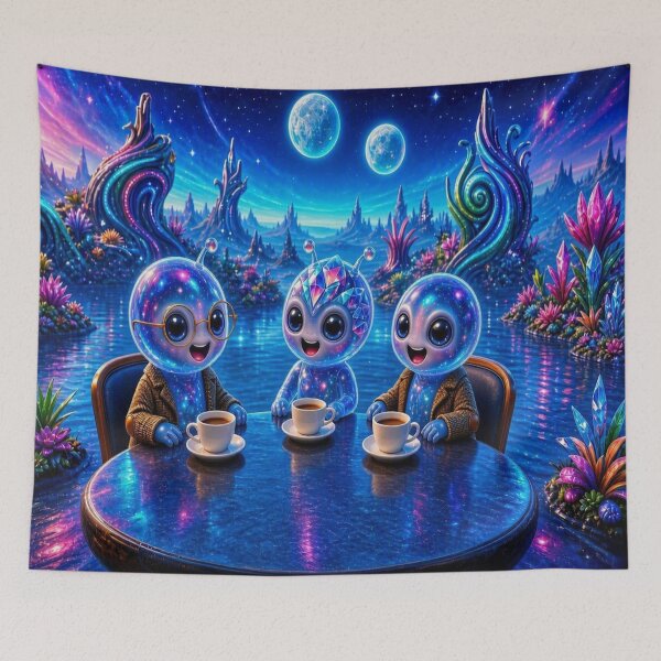 Item preview, Cosmic Coffee Break - Cute Aliens Having Tea Artwork designed and sold by Breezes-of-Ida.