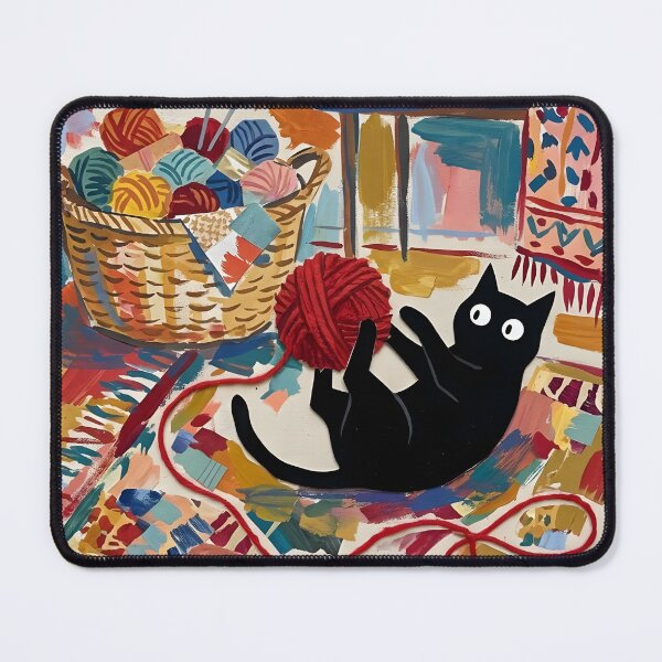 Item preview, Playful Black Cat Unraveling Red Yarn Matisse Style Wall Art designed and sold by DuckOddity.