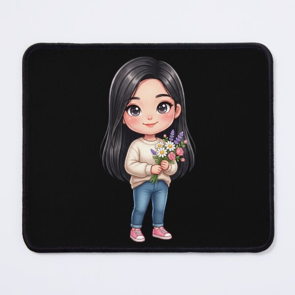 Item preview, Cute Chibi Girl With Long Black Hair Holding Flowers designed and sold by taogiauco.