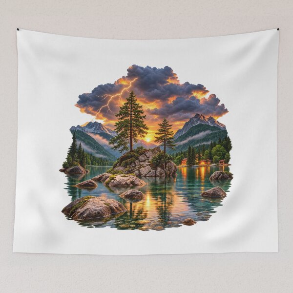 Item preview, Epic Mountain Lake Storm Landscape – Dramatic Lightning Wilderness Art designed and sold by HoMya.