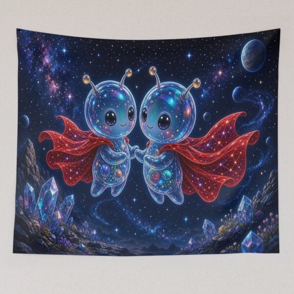 Item preview, Cosmic Love - Cute Space Aliens Holding Hands Artwork designed and sold by Breezes-of-Ida.