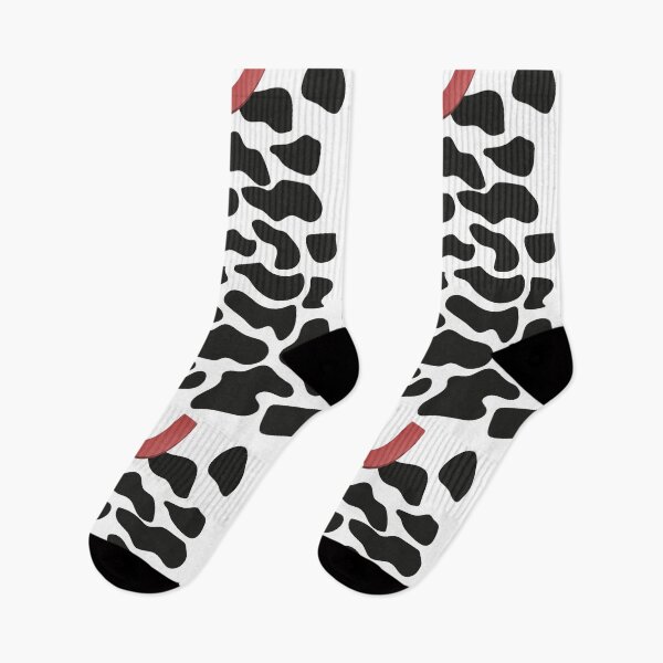 Item preview, Cow print with black irregular spots with red collar and cowbell designed and sold by Sock Garden.
