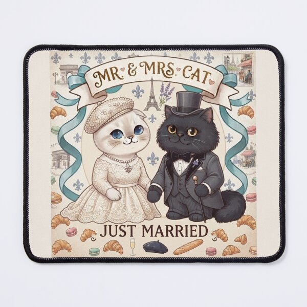 Item preview, Parisian Romance Mr. & Mrs. Cat Just Married Cute French Wedding Art designed and sold by PetalsPaws.