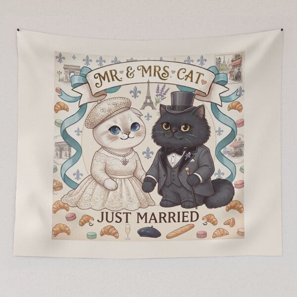 Item preview, Parisian Romance Mr. & Mrs. Cat Just Married Cute French Wedding Art designed and sold by PetalsPaws.