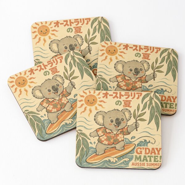 Item preview, G'day Mate Aussie Summer Cute Koala Surfing Japanese Vintage Art designed and sold by Yellowriversss.