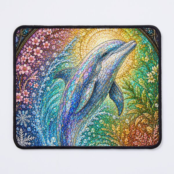 Item preview, The Dolphin of the Four Seasons – Messenger of the Oceans in stained glass designed and sold by Pixel Sakura Gallery.