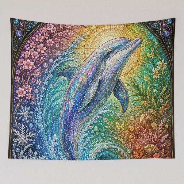 Item preview, The Dolphin of the Four Seasons – Messenger of the Oceans in stained glass designed and sold by Pixel Sakura Gallery.
