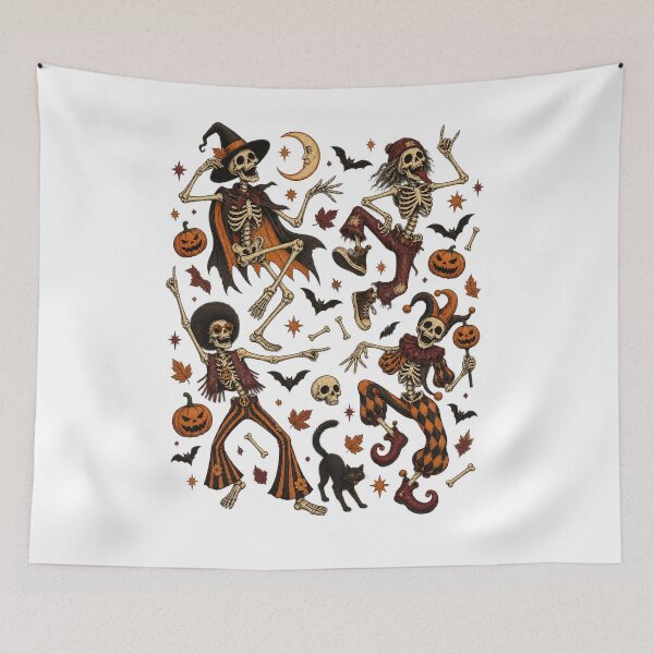 Item preview, Halloween Dancing Skeletons with Bats and Pumpkins – Spooky Autumn  designed and sold by SOUFIANE1991.