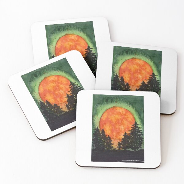 Item preview, Orange Full Moon Over Pine Forest: Watercolour Landscape designed and sold by ArithraStudio.
