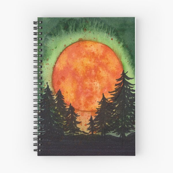 Item preview, Orange Full Moon Over Pine Forest: Watercolour Landscape designed and sold by ArithraStudio.
