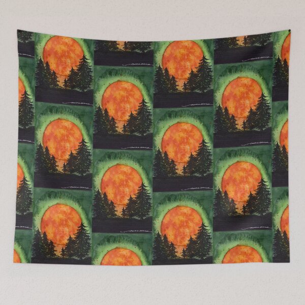 Item preview, Orange Full Moon Over Pine Forest: Watercolour Landscape designed and sold by ArithraStudio.