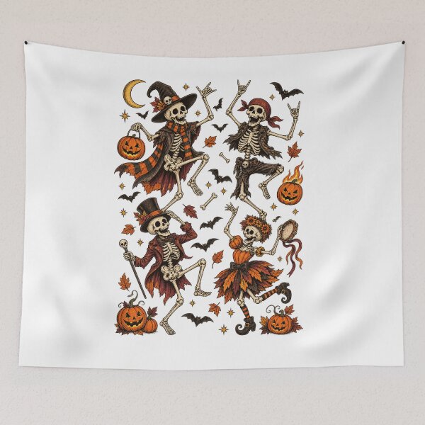 Item preview, Halloween Dancing Skeletons with Bats and Pumpkins – Spooky Autumn  designed and sold by SOUFIANE1991.