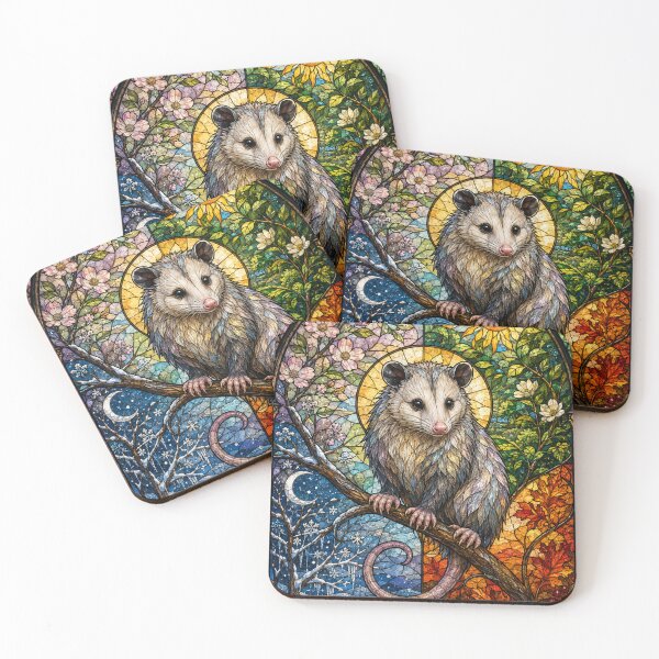 Item preview, The Four Seasons Opossum – Small stained-glass guardian designed and sold by Pixel Otaku Gallery.