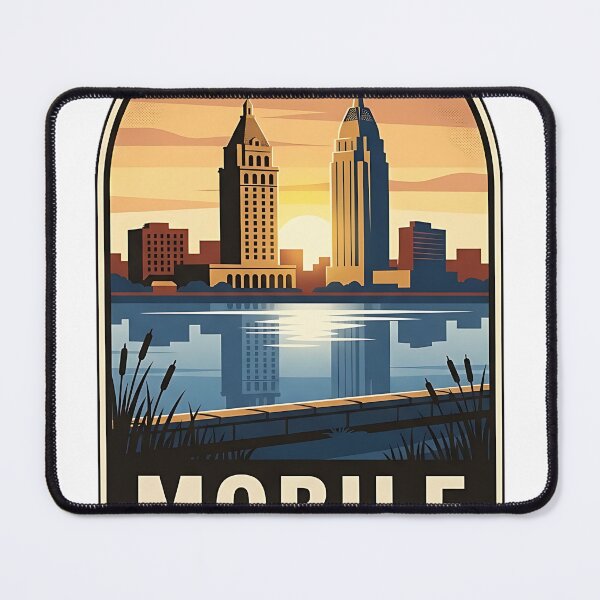 Item preview, Mobile Alabama Downtown Skyline Vintage Travel Badge Sticker designed and sold by DetourDgn.