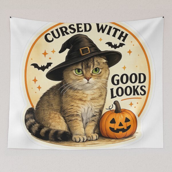 Item preview, Cursed With Good Looks – Funny Halloween Cat Meme Scottish Fold Witch designed and sold by NoodlesTheCat.