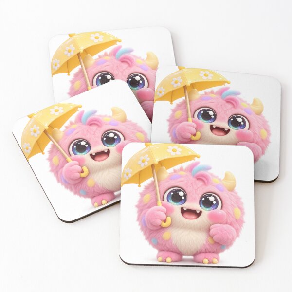 Item preview, Cute Pink Fluffy Monster with Yellow Umbrella designed and sold by VisualVerseLab.