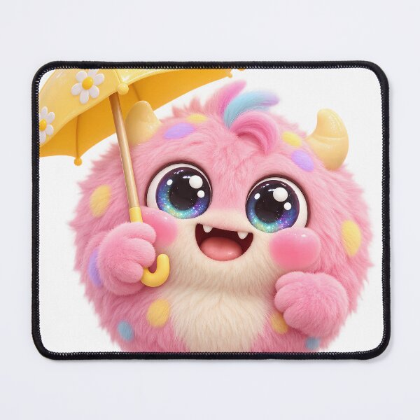 Item preview, Cute Pink Fluffy Monster with Yellow Umbrella designed and sold by VisualVerseLab.