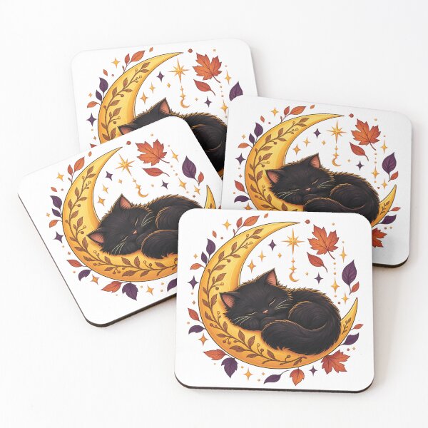 Item preview, Celestial Black Cat Sleeping Crescent Moon Botanical designed and sold by tee.crush.