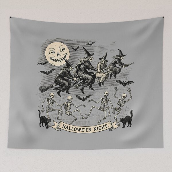 Item preview, Hallowe'en Night Flying Witches Dancing Skeletons designed and sold by DarkOriginArts.