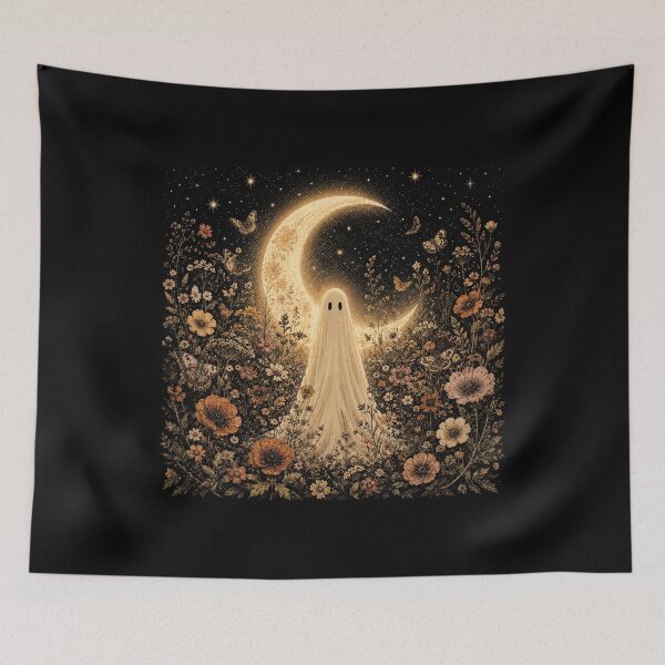 Item preview, Ghost Under the Crescent Moon - Celestial Ghost in a Wildflower Garden designed and sold by SOUFIANE1991.
