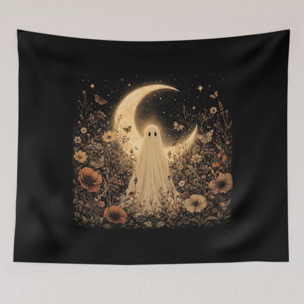 Item preview, Ghost Under the Crescent Moon - Celestial Ghost in a Wildflower Garden designed and sold by SOUFIANE1991.