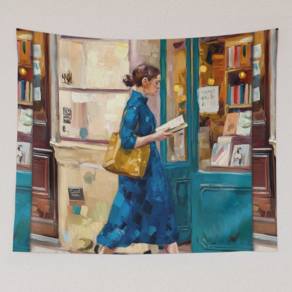Item preview, Woman Reading Outside a Parisian Bookshop, Impressionist Painting designed and sold by CARRAANN.