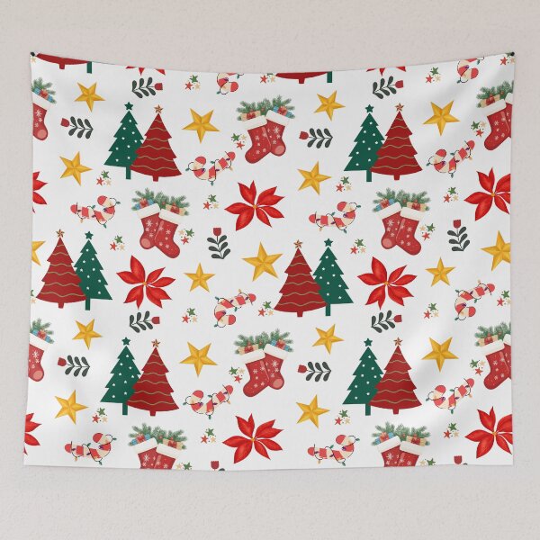 Item preview, Festive Christmas Trees, Stockings and Poinsettias Holiday Pattern designed and sold by AleksaDesignMTL.