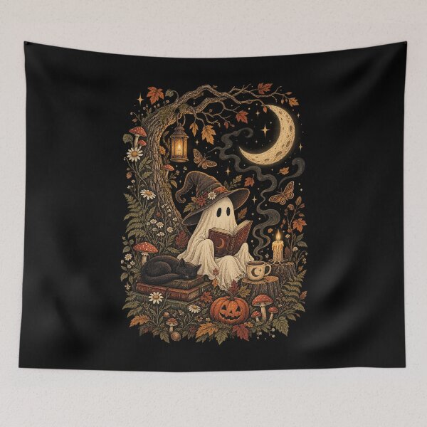 Item preview, Ghost Reading Book  Sitting Beside a Glowing Mushroom in a Magical Moonlit  designed and sold by SOUFIANE1991.