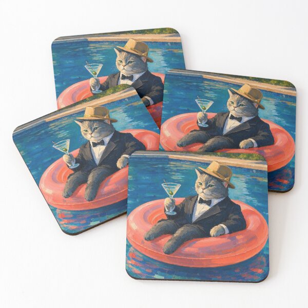 Item preview, Dapper Tuxedo Cat Floating in Pool with Martini designed and sold by ShieldRockPrints.