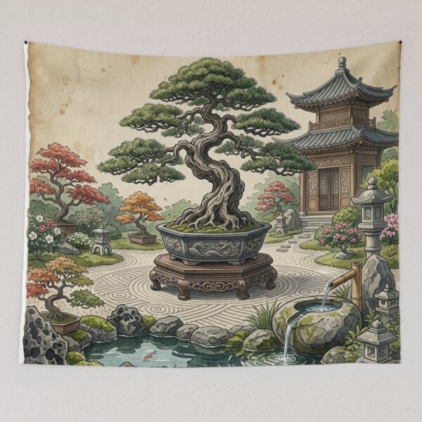 Item preview, Chinese Elm Bonsai Art Print - Japanese Garden Scene designed and sold by Purrfecta.