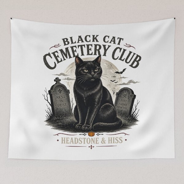 Item preview, BLACK CAT CEMETERY CLUB Headstone & Hiss Halloween Vintage Screen Print designed and sold by BernoNickel.