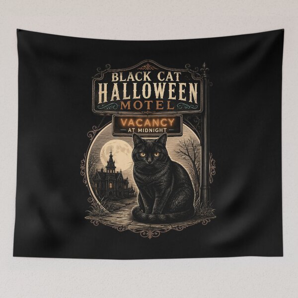 Item preview, BLACK CAT HALLOWEEN MOTEL Vacancy at Midnight Halloween Gothic Engraving designed and sold by KristenosNehk.