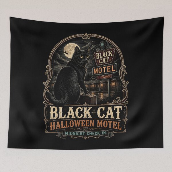 Item preview, BLACK CAT HALLOWEEN MOTEL Midnight Check-In Halloween Gothic Engraving designed and sold by KristenosNehk.