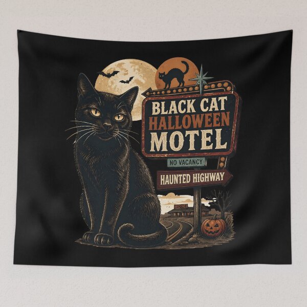 Item preview, BLACK CAT HALLOWEEN MOTEL Haunted Highway Halloween Vintage Screen Print designed and sold by KristenosNehk.